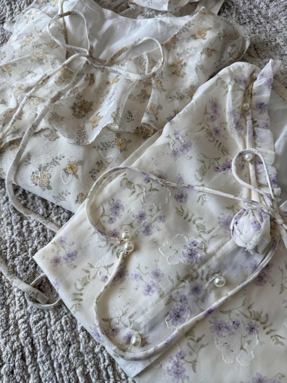 Women's Floral Tie-Front shirt- Ivory with Lavender